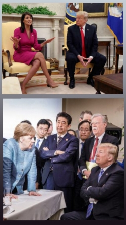 위) Trump 대통령과 대화하며 다리는 꼬고 앉은<br>어느 여자 주지사..<br>아래) 도이칠란트의 Merkel 총리 앞에서 감히(?) 팔장을 낀 Trump 대통령과 아베 총리<br>
