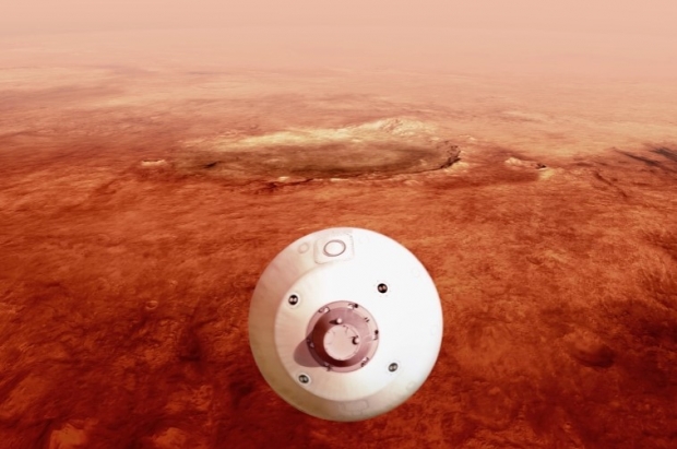 미국 항공우주국(NASA)가 제공한 그림. 피시비어런스(Perseverance) 탐사선이 포함된 에어로셸(aeroshell)은 대기권을 통해 내려오면서 착륙을 위해 화성 표면을 향해 나아가고 있다.(사진 : NASA)