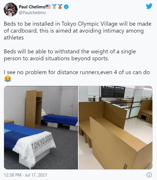 지난 2016년 브라질 리우데자네이루 올림픽 은메달리스트 폴 첼리모(Paul Chelimo, 미국)가 최근 도쿄올림픽 기간에 어떻게 밤을 보낼지 한번 알아냈기 때문이다. 그는 자신의 트위터에 침대를 촬영 게재했다. (사진 : 폴 첼리모 트위터 캠처)