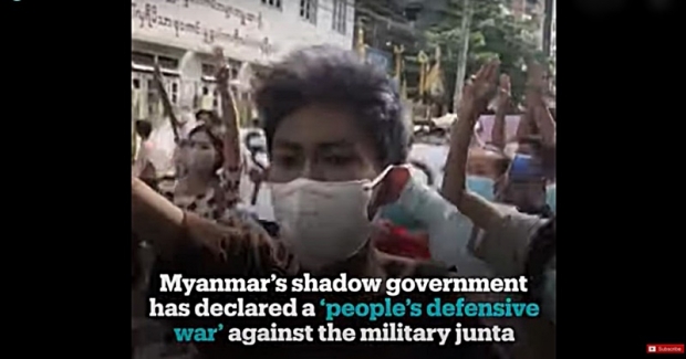 미얀마 군부는 정보를 엄격히 통제하고 있고, 언론들은 불안 상황에 대한 보도를 선별적으로 해 왔다. 지난 7일에는 약 12개의 군 소유의 통신탑이 파괴되었으며, 같은 날  ‘그림자 정부(NUG 등)’는 ‘군사정권에 대한 인민 방어 전쟁’을 요구했다. (사진 : 유튜브)