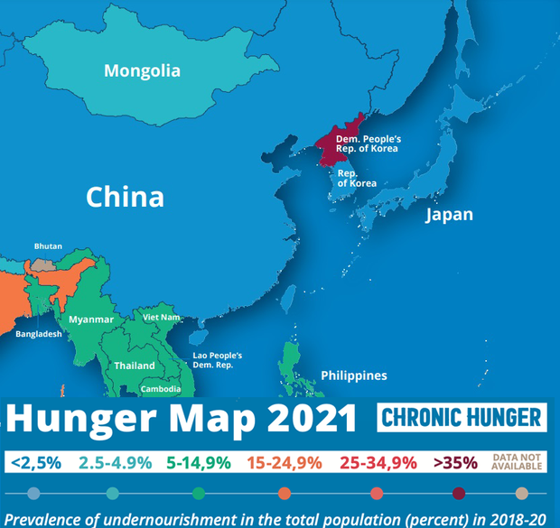 세계식량계획(WFP)이 24일 발표한 ‘2021 기아 지도 (Hunger Map 2021)’에서 북한과 주변국들.