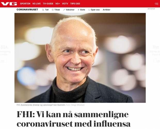 노르웨이 공중보건연구소(NIPH)의 기에르 부크홀름 부소장은 노르웨이 현지 매체 VG에 코로나19를 독감에 비유했다. VG화면 캡처