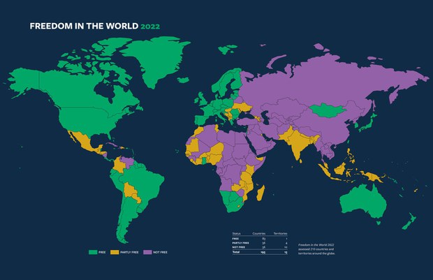 미국 워싱턴 DC에 기반을 둔 프리덤하우스가 24일 발표한 ‘2022 세계자유보고서(Freedom in the World 2022)’에서 북한은 100점 만점에 3점을 받아 최하위에 머물렀다. 프리덤하우스 사진