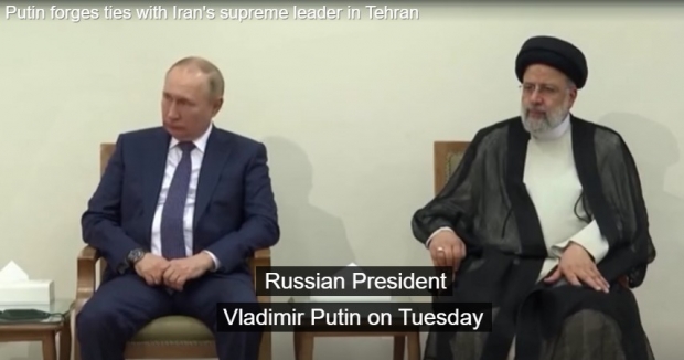빈손으로 끝난 마이든 대통령의 중동(이스라엘-팔레스타인-사우디아라비아)순방에 맞불 성격인 러시아-이란 정상회담. / 사진 : 뉴스 사이트 비디오 캡처