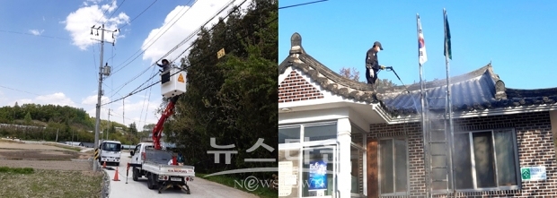 기동마을 사회적협동조합이 영농형태양광 발전 수익을 활용해 (좌)마을 공동 CCTV를 설치하고 (우)마을회관 지붕을 도색하는 모습 / 사진 : 한화큐셀