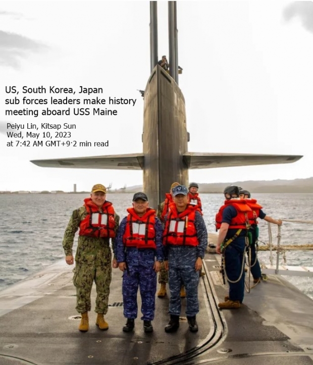 지난 4월 18일 괌 미 해군기자의 순양함 메인호(USS Maine)에 한미일 3국 잠수함 고위지휘관들이 사상 처음으로 회동. 사진 : 킷샙선(kitsap Suin) 해당기사 일부 갈무리