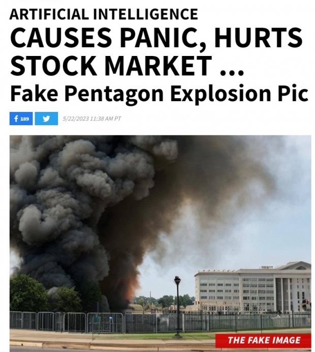 미국 국방부 인근에서 폭발이 있었던 것처럼 보이는 가짜 사진으로 미 금융 시장이 한 때 혼란에 빠져들었으나, 가짜라는 사실이 확인되면서 시장은 회복.  TMZ 해당기사 일부 갈무리