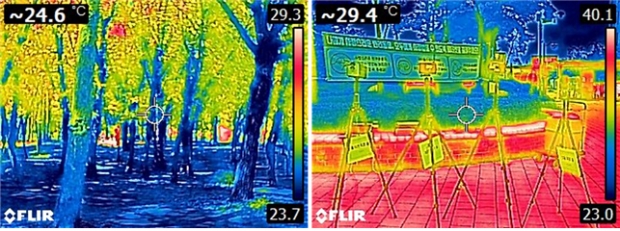 ‘도시 숲과 대조지점 적외선열화상카메라 사진 비교’ 부평 신트리공원(좌)과 도심지(우) 적외선열화상카메라 사진