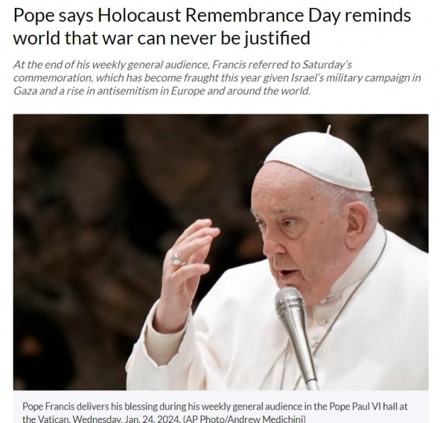 1월 24일 바티칸 프란치스코 교황 주간 일반알현/ AP통신 해당 기사 일부 갈무리 