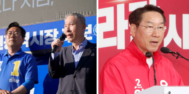 박찬대 인천시장 후보와 유세장을 찾은 이창수 씨 (좌) 유정복 인천시장 후보 기자회견(우) (사진 / 페이스북)