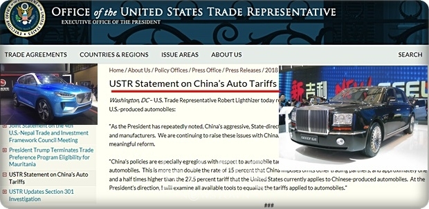 라이트 하이저 USTR대표는 자동차 관세와 관련한 중국의 정책은 정말 심하다면서, 중국이 미국을 비롯한 외국 수입차에 부과하고 있는 높은 세율을 강력히 비판했다.