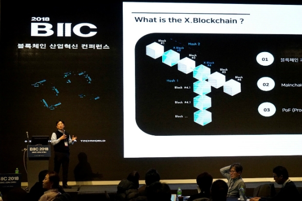엑스블록체인을 발표하고 있는 엑스블록시스템즈의 권용석 CTO