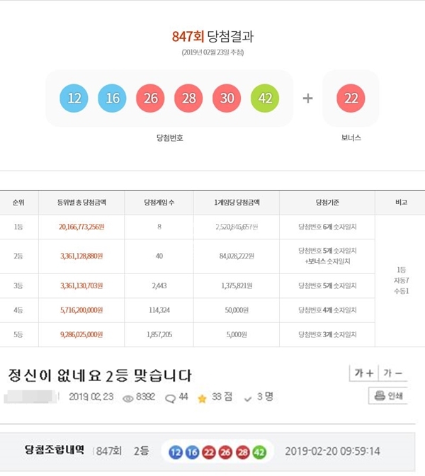 로또 847회 당첨번호 (사진: 복권사이트)