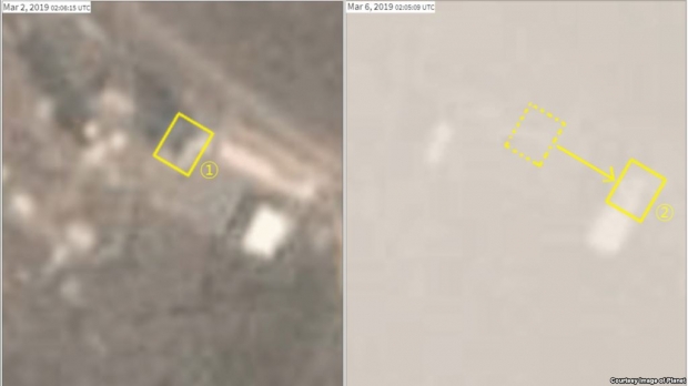지난 2일과 6일 각각 촬영한 북한 동창리 발사장 위성사진. 미세먼지 때문에 화질이 좋지 않지만 2일 발사장 중심부(1)에 있던 조립건물이 6일 80~90m 동남쪽 원래 위치(2번)로 옮겨진 것을 확인할 수 있다. 플래닛 랩스 캡처