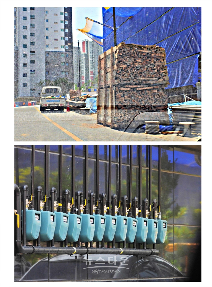 공사장주변 도로1차선을 점유한 공사자재들 아래사진은 가스계량기