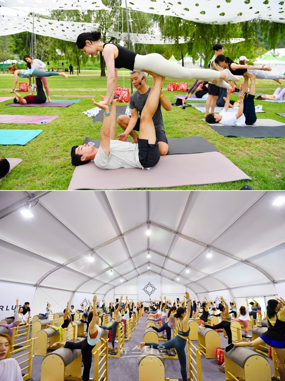 (사진설명: 원더러스트 무브먼트 스튜디오 2 조유경 강사의 기구 필라테스(위), 무브먼트 스튜디오 3 민플로, 권용 강사의 아크로요가(아래)