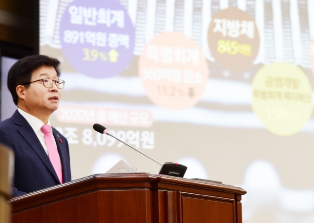 염태영 수원시장이 지난 20일 수원시의회에서 내년 예산안 등에 대한 시정연설을 하고 있다