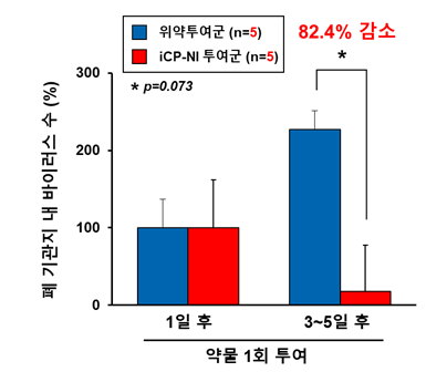 사진설명: iCP-NI 1회 투여에 의한 코로나19 바이러스 (SARS-CoV-2) 감염 영장류의호흡기 내 바이러스 수 감소효능 (평균 82.4% 감소