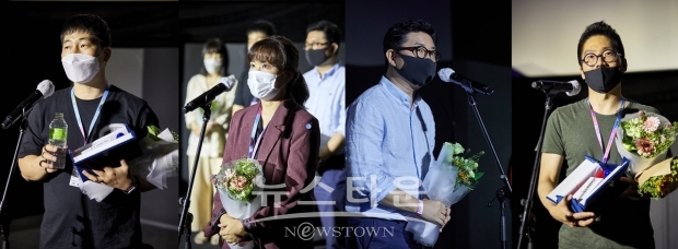 (왼쪽부터) 배급지원상을 수상한 △감독 김록경 [잔칫날] △감독 서은영 [고백] △감독 백승기 [인천스텔라] △감독 장현상 [좀비크러쉬: 헤이리] /  고득용기자 dukyong15@naver.com ⓒ뉴스타운