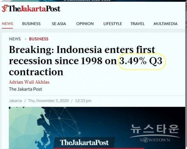 인도네시아 경제는 계속해서 위축되어 왔지만, 2분기에 비해 경제 활동이 상당히 개선되었다는 게 인도네시아 통계청(BPS) 수하리얀토(BPS Suhariyanto)위원장이 말했다고 신문이 전했다. (사진 : 자카르타 포스트 해당기사 일부 캡처)