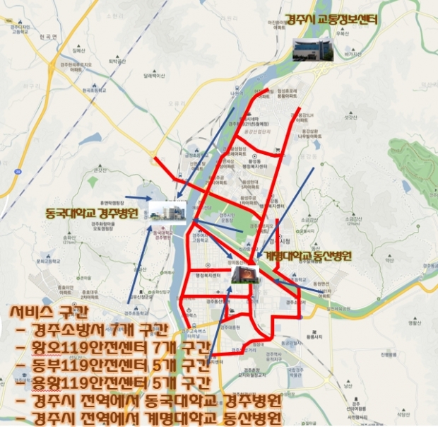 경주시 긴급차량 우선신호시스템 구성도 및 서비스 구간 지도