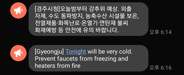 경주시에서 외국인 거주자·관광객들을 위해 보낸 재난안전 안내문자 영문서비스 내용 발췌.