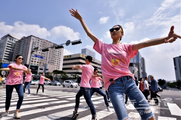 지난 2019년 8월 수원발레축제 본 행사에 앞서 이벤트로 횡단보도에서 발레 공연이 펼쳐지는 모습 /수원시<br>