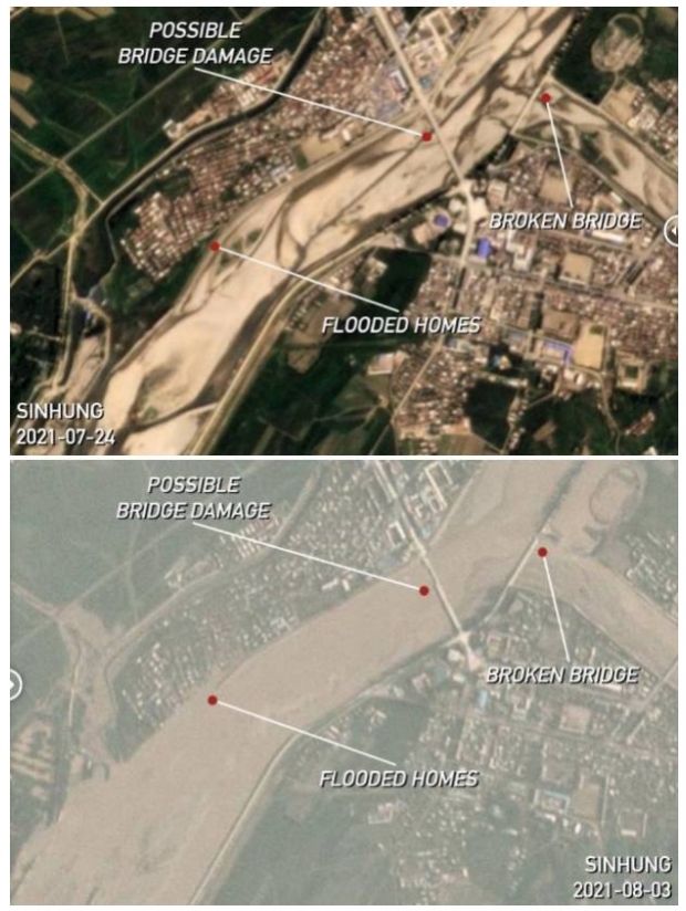 북한 함경남도 신흥군의 다리 파손 위성 모습(사진 위 유실 전, 아래 유실 후). NK News,Planet Labs
