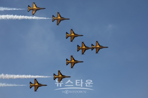 곡예비행을 하고 있는 블랙이글스의 모습