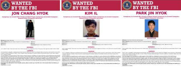 미국 연방수사국(FBI)은 지난 2월 북한의 정보기관인 정찰총국 소속 전창혁(31), 김일(27), 박진혁(36) 얼굴이 담긴 공개수배 전단지를 공개했다. FBI 사진