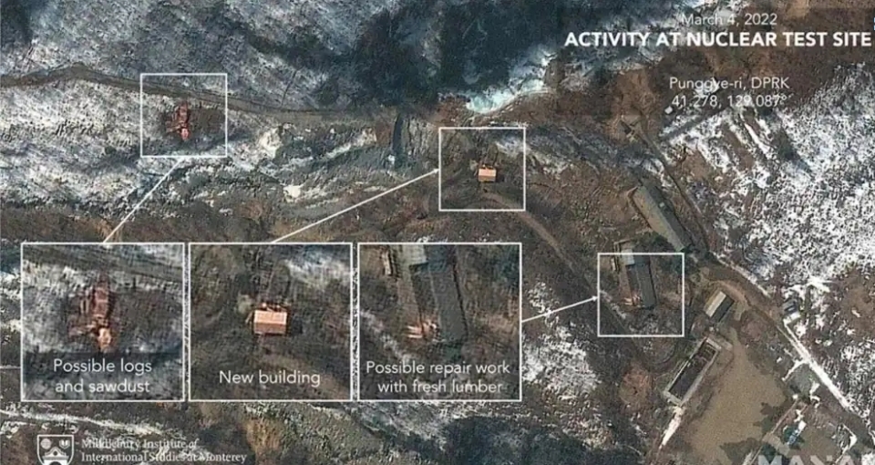 지난달 4일 위성촬영한 북한 풍계리 핵실험장. 신축 구조물과 목재로 추정되는 적재물이 보인다. 맥사 테크놀로지 제공