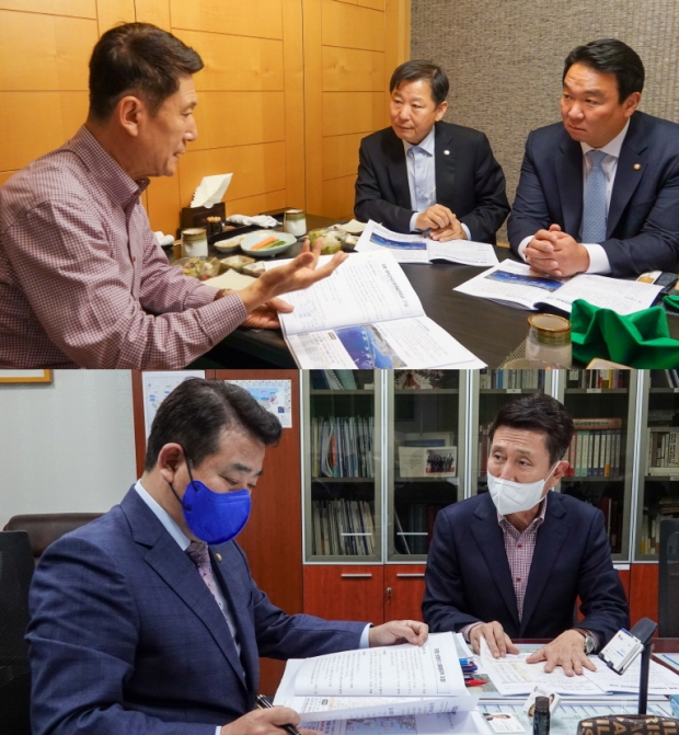 위쪽사진 : 왼쪽부터 이강덕 포항시장, 이철규 예결특위 간사, 정희용 예결소위 위원       아래사진 : 왼쪽부터 박정 예결특위 간사, 이강덕 포항시장