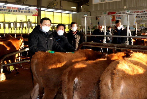 주낙영 경주시장이 16일 경주가축시장을 직접 찾아 운영현황과 가축거래실태를 살펴보고 축산농가의 애로사항을 경청하고 있다.