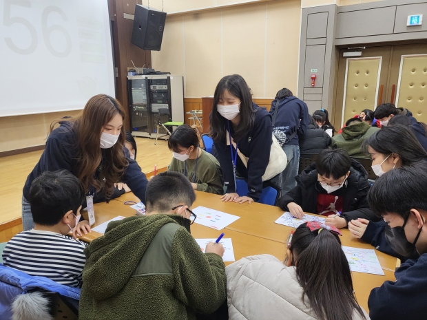인하대학교 학생사회봉사단 인하랑 학생들이 백령도 초등학교 학생들과 ‘나’에 대한 마인드맵 그리기를 하고 있다.