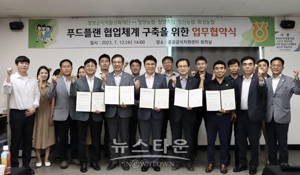 청양군지역활성화재단과 청양농협, 청양축협, 정산농협, 화성농협이 지난 7월 12일 푸드플랜 업무협약을 체결했다. 이날 협약은 청양산 농산물의 지역 내 공급과 소비를 확대하고 안전 먹거리 선순환 체계를 구축하기 위해 추진됐다.