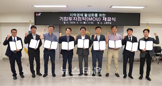 김해시가 9월 11일 시청 소회의실에서 8개 기업과 3,688억 원 규모의 기업 투자협약을 체결했다. ㈜K.S.M, ㈜남경테크윈, ㈜위소, 삼부고무공업㈜, ㈜제이이엔지, ㈜에스에이치씨피, ㈜썬프리시즌, 김해대동원로지스틱스㈜ 등 8개 기업