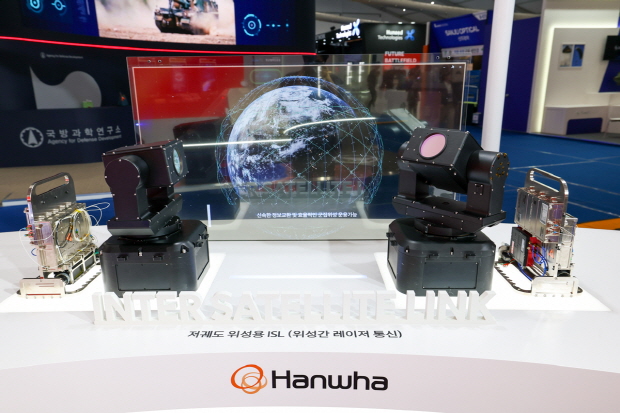 한화시스템이 지난 10월초 육·해·공 3군 본부가 있는 충남 계룡대에서 열린 KADEX 2024에서 전시한 ‘저궤도 위성용 ISL’ 실물 장비