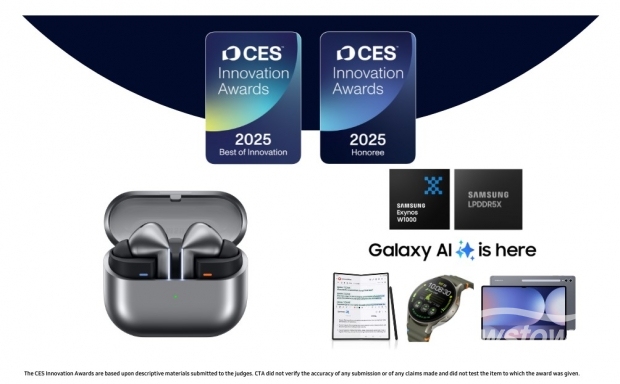 CES 혁신상 로고와 삼성전자 수상 제품 이미지(왼쪽부터 갤럭시 버즈3 프로, 엑시노스 W1000, LPDDR5X, 갤럭시 AI, 갤럭시 Z 폴드6, 갤럭시 워치7, 갤럭시 탭 S10)/사진=삼성전자 제공
