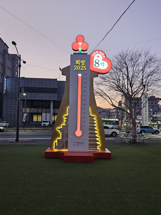 경주시 사랑의 온도탑이 시민들의 따뜻한 나눔 덕분에 조기 목표 달성에 성공하며, 114℃를 기록한 모습