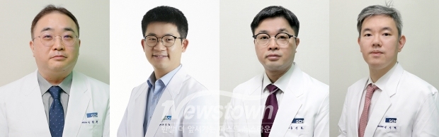 순천향대천안병원이 최근 전립선암 환자의 뼈 전이 여부를 객관적인 수치로 진단하는 연구결과를 발표했다. 사진) 좌측부터 이정원, 유익동, 홍선표, 김시현 교수