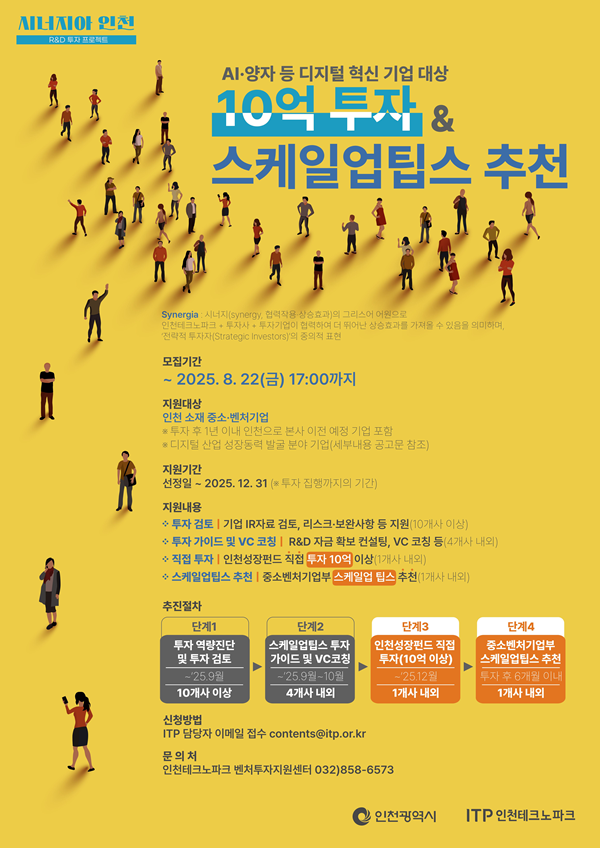 Synergia Incheon(시너지아 인천) R&D 투자 프로젝트 모집 포스터 / 인천시청