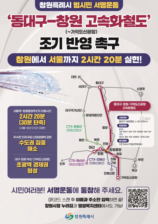 창원특례시, 동대구-창원 고속화철도 조기 반영 촉구 범시민 서명운동 실시/창원특례시