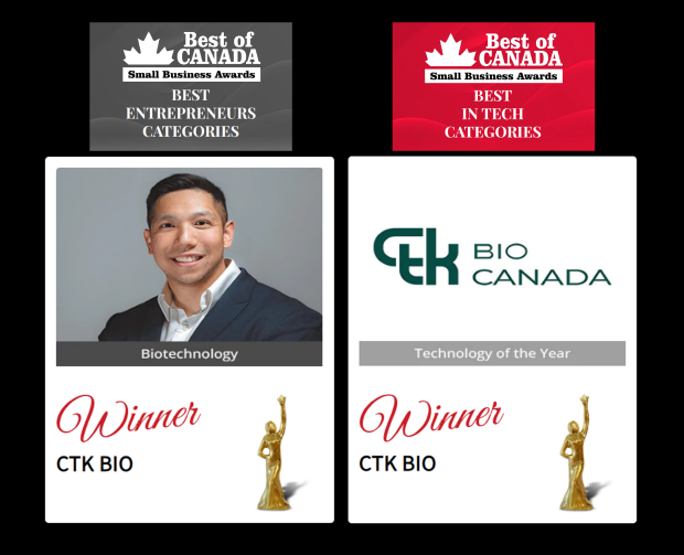 씨티케이바이오가 수상한 바이오테크놀로지 부문 최고 기업가상(Best Entrepreneur – Biotechnology)과최고의 기술상(Best in Tech – Technology of the Year)