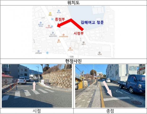 김해여고 앞 시간제 일방통행 운영 위치도 및 현장사진/김해시제공