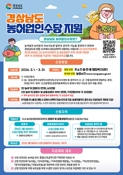 농어업인 수당지원 홍보 포스터/경남도제공