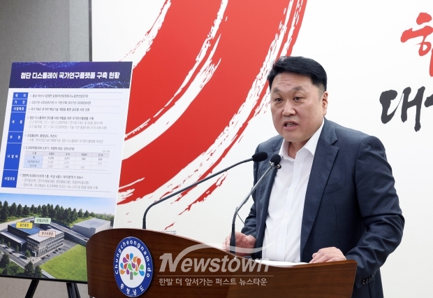 안호 산업경제실장이 3월 12일 충남도청 프레스센터에서 언론 브리핑을 통해 ‘첨단 디스플레이 국가연구플랫폼 구축 사업’ 예타 대상 선정 기자회견을 가졌다. 안 실장은 “첨단 디스플레이 국가연구플랫폼은 AI 기반 기술 개발·제조·상용화를 지원하는 글로벌 시장 선도 핵심 연구 거점이 될 것”이라며 예타 통과와 후속 절차 준비에 최선을 다하겠다고 밝혔다.(사진 / 충청남도 제공)