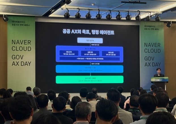 성낙호 네이버클라우드 하이퍼스케일 AI 기술총괄이 공공에서의 AI 전환에 대해 발표하고 있다.