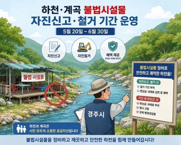경주시, 하천·계곡 불법시설 자진 철거 및 신고 기간 운영 안내 홍보 배너