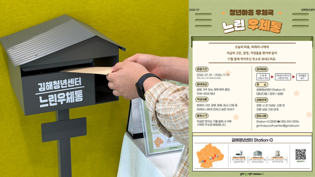 청년상담·연계지원 '토닥토닥'-느린 우체통(좌), 홍보 포스터(우)/김해시 제공