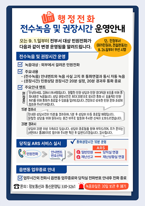 9월부터 시행하는 행정전화 전수녹음 및 통화 권장시간 운영 안내문. 민원전화는 연결과 동시에 자동 녹음되며 상담이 20분 이상 지속되면 안내 후 종료된다.=김해시